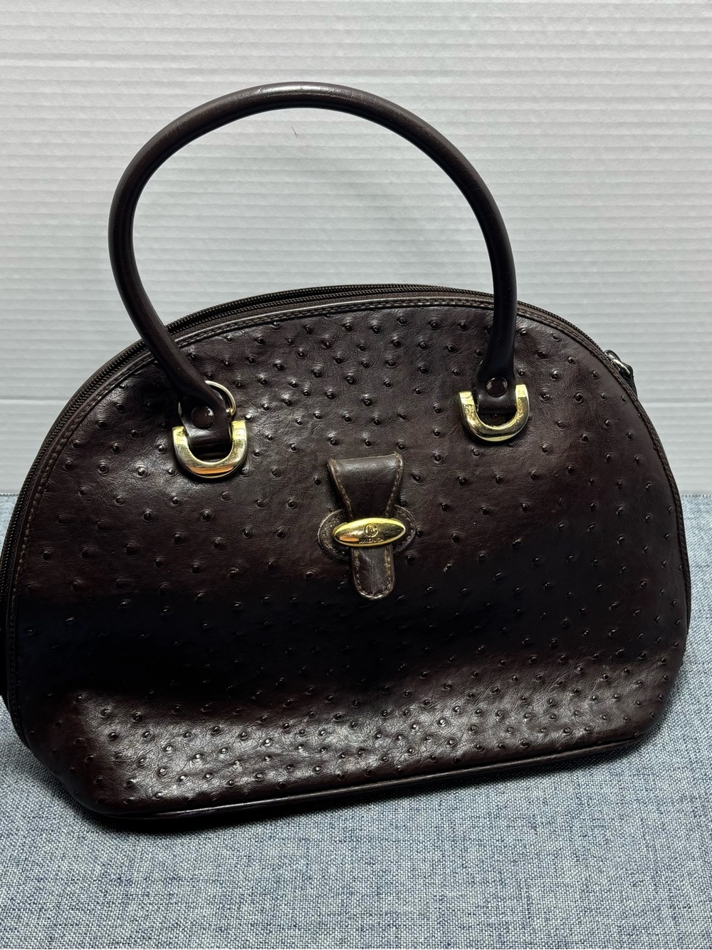 Classic Women's Top-Handle Ostrich-Texture Handbag in Dark Brown